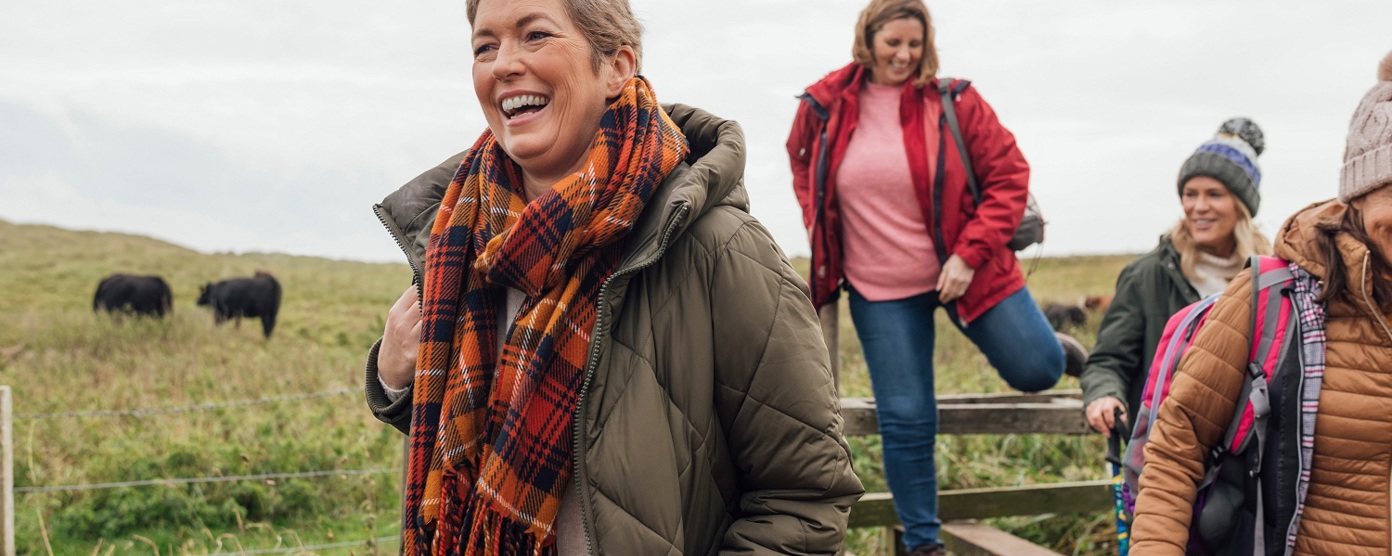Mature women walking through a field on a winter day